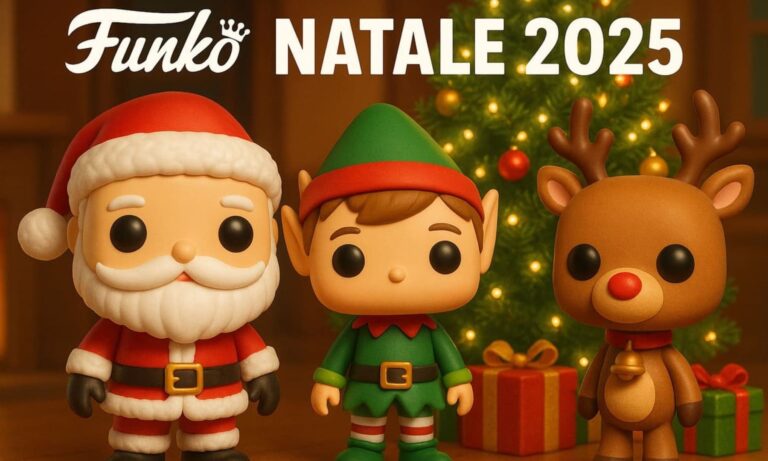 Funko Pop in tema Natale 2025 con Babbo Natale, elfi e decorazioni festive davanti all’albero.